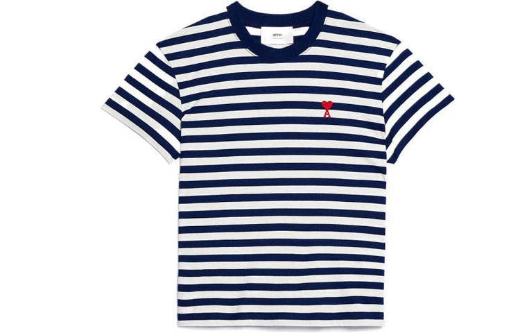 Ami Paris AMIPARIS SS23 Blue White Striped Heart Cotton Unisex Casual T-Shirt. UTS013074-492