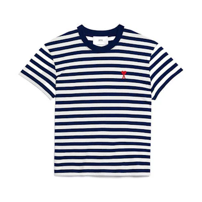 Ami Paris AMIPARIS SS23 Blue White Striped Heart Cotton Unisex Casual T-Shirt. UTS013074-492