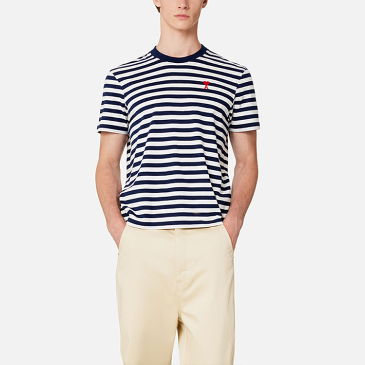 Lookbook Ami Paris AMIPARIS SS23 Blue White Striped Heart Cotton Unisex Casual T-Shirt. UTS013074-492