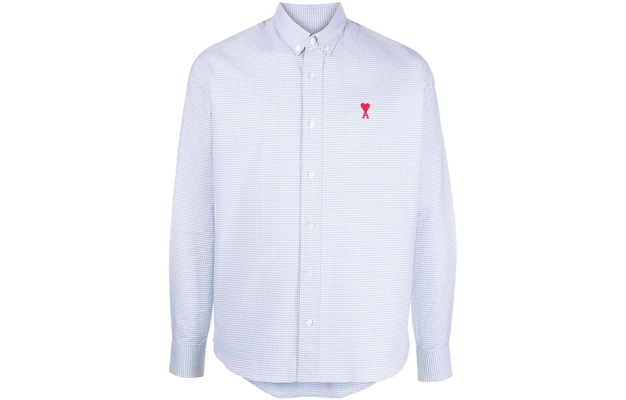 Ami Paris AMIPARIS SS23 Checked Heart Logo Long Sleeve Shirt Blue Mens. HSH113472-438