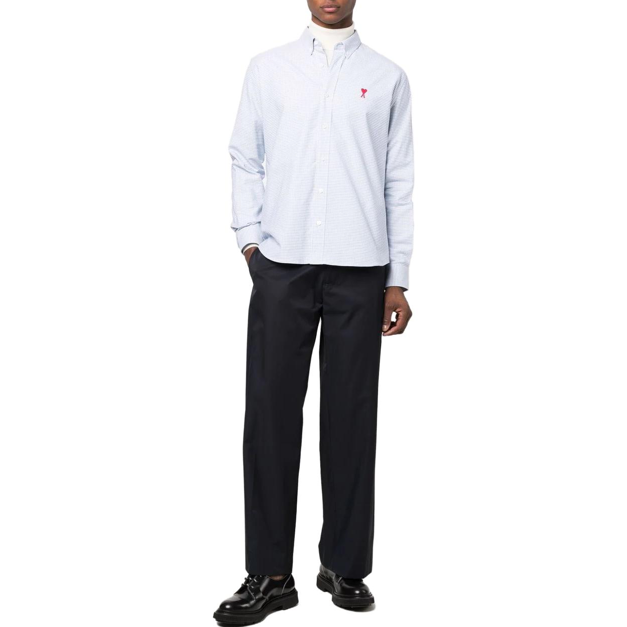 Lookbook Ami Paris AMIPARIS SS23 Checked Heart Logo Long Sleeve Shirt Blue Mens. HSH113472-438