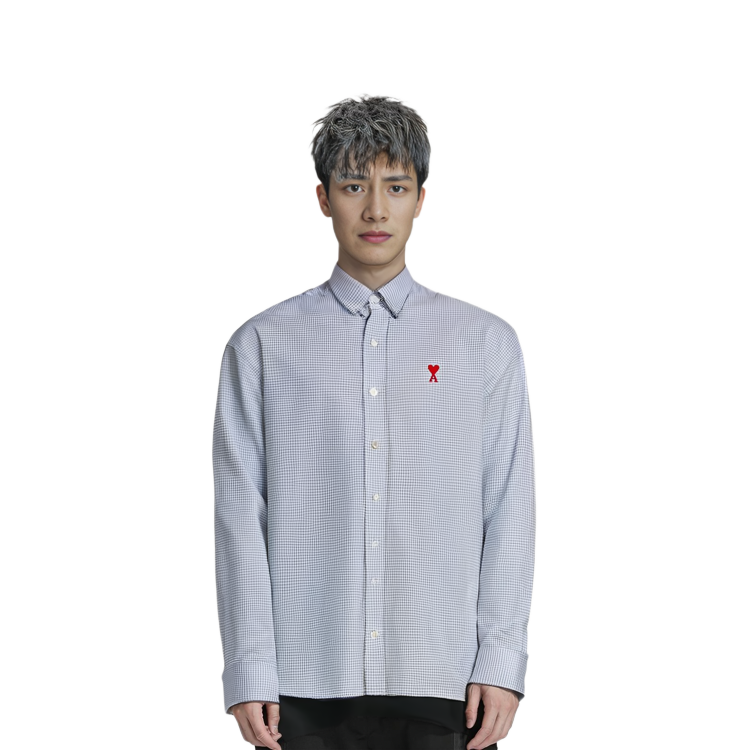 Details for Ami Paris AMIPARIS SS23 Checked Heart Logo Long Sleeve Shirt Blue Mens. HSH113472-438