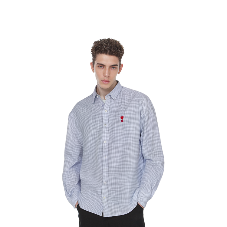 Sizing Ami Paris AMIPARIS SS23 Checked Heart Logo Long Sleeve Shirt Blue Mens. HSH113472-438