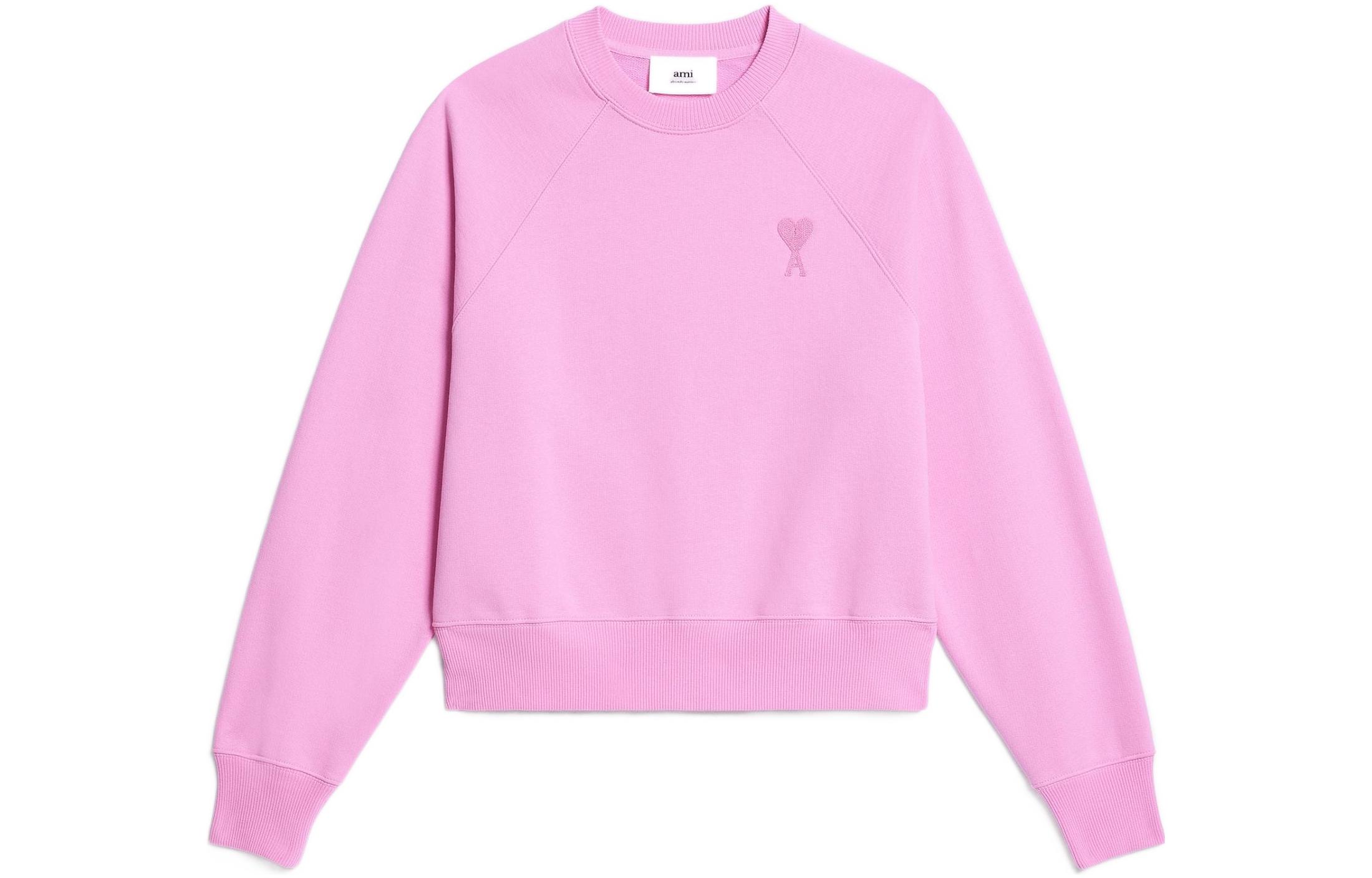 Ami Paris AMIPARIS SS23 Pink Heart Embroidery Unisex Oversized Cotton Pullover Sweatshirt. USW004747-663