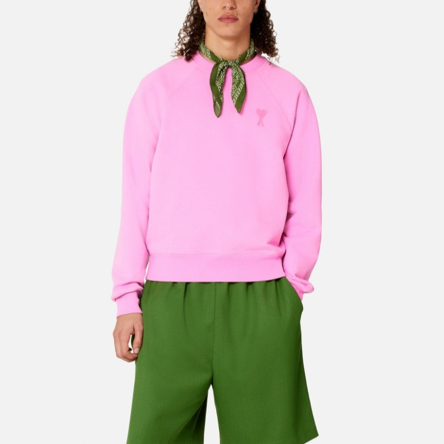 Shop Ami Paris SS23粉色爱心刺绣男女同款宽松棉质套头卫衣 USW004747-663