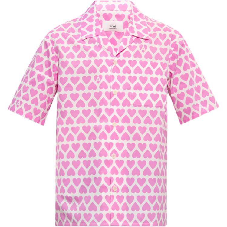 Ami Paris AMIPARIS SS23 Pink Heart Print Short Sleeve Shirt . HSH203CO0029-662