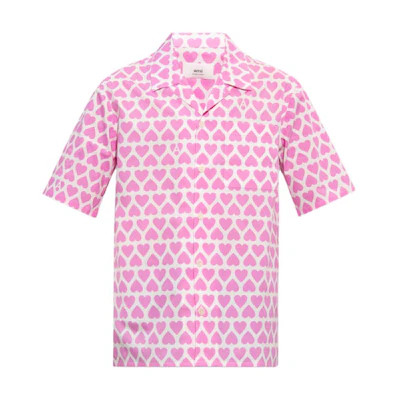 Ami Paris AMIPARIS SS23 Pink Heart Print Short Sleeve Shirt . HSH203CO0029-662
