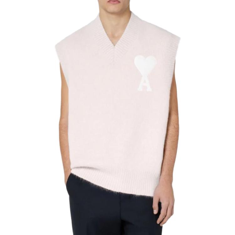Shop Ami Paris AMIPARIS 2023春夏粉色心形印花V领无袖马甲 男女同款 SPEUKS805062-655
