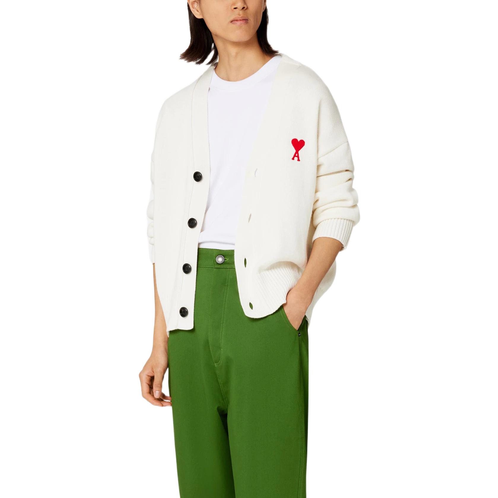 Ami Paris AMIPARIS SS23 Red Heart V-Neck Knit Sweater Unisex - Off-White. UKC008016-175 圖 3