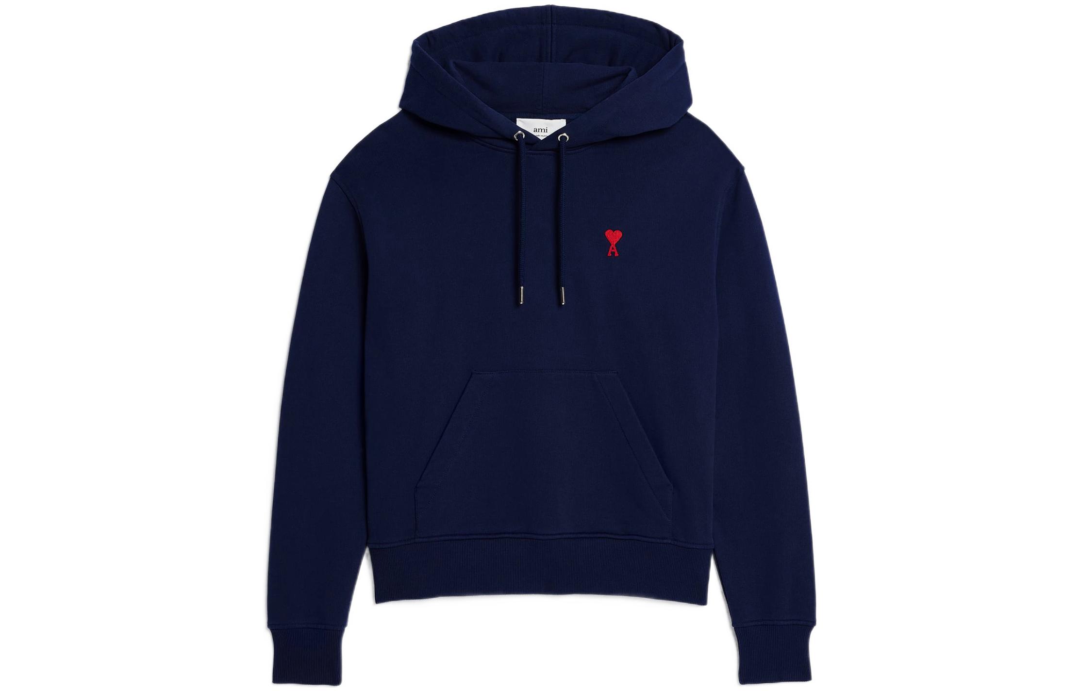 Ami Paris AMIPARIS SS23 Solid Color Heart Logo Embroidered Hoodie Unisex Navy Blue. USW200730-491