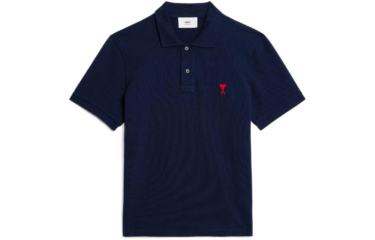 Ami Paris AMIPARIS SS23 Solid Heart Logo Slim Fit Polo Shirt Unisex Navy Blue. HPL001760-491
