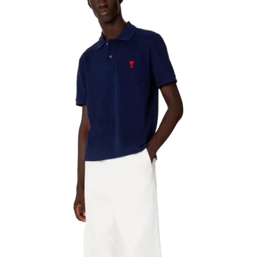 Shop Ami Paris SS23 Solid Heart Logo Slim Fit Polo Unisex Biru Navy. HPL001760-491