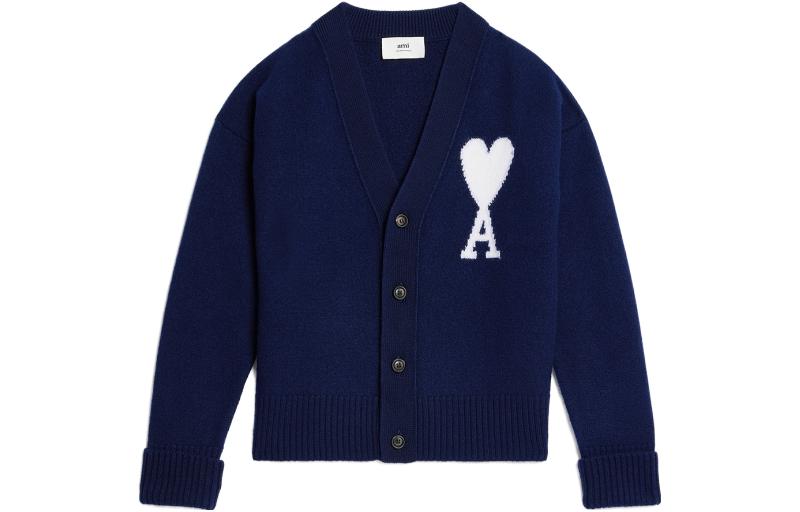 Ami Paris AMIPARIS SS23 Unisex Heart V-neck Button-Up Sweater Navy Blue. UKC0020181-493