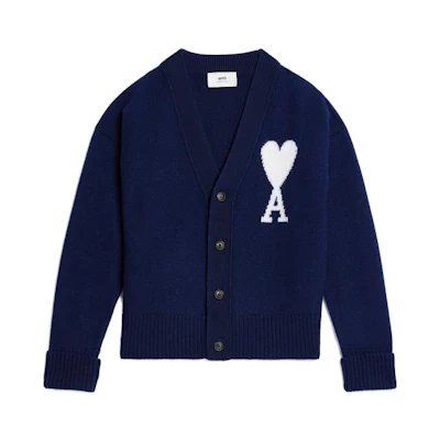 Ami Paris AMIPARIS SS23 Unisex Heart V-neck Button-Up Sweater Navy Blue. UKC0020181-493