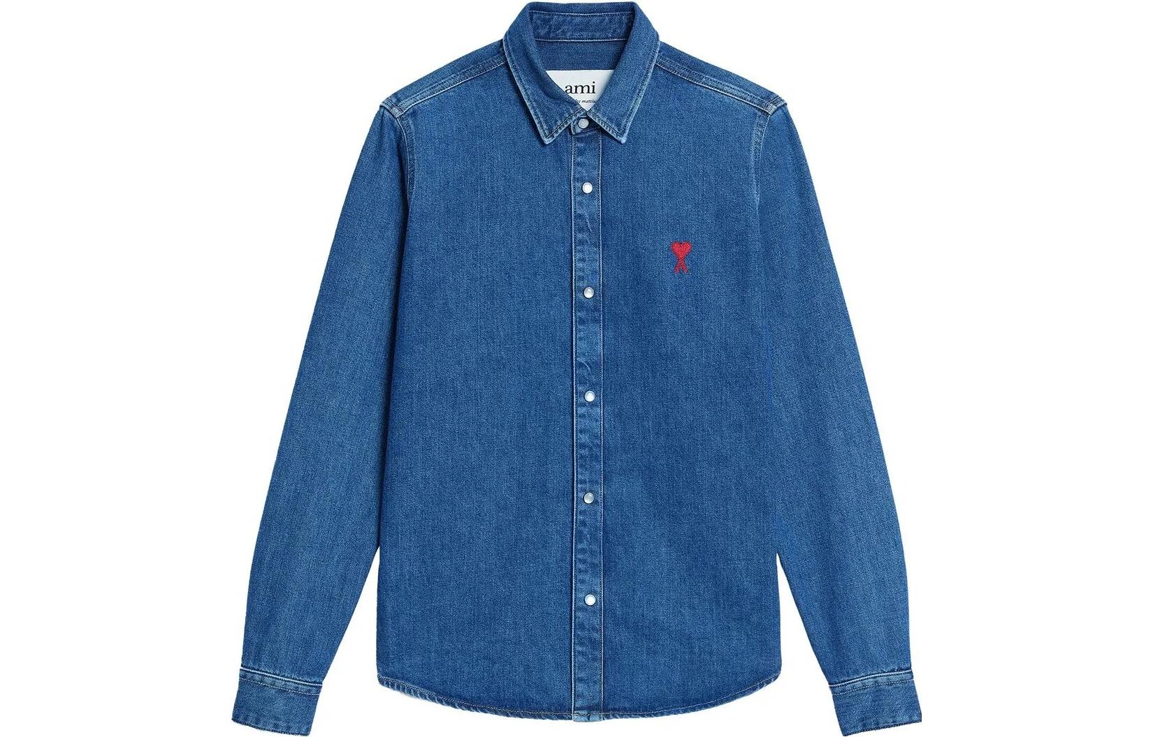 Ami Paris AMIPARIS SS23 Unisex Logo Embroidered Long Sleeve Casual Shirt Navy Blue USH114DE0012