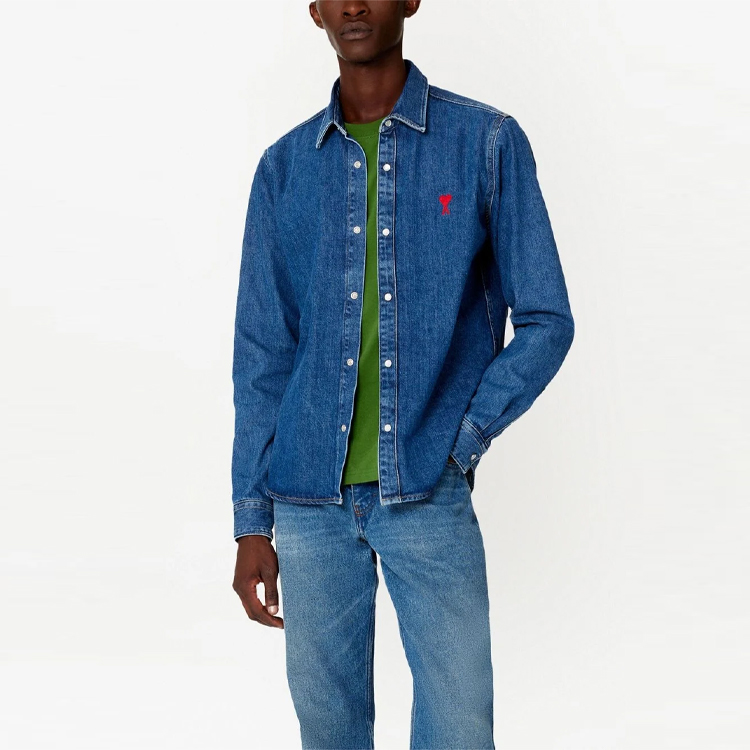 Ami Paris AMIPARIS SS23 Unisex Logo Embroidered Long Sleeve Casual Shirt Navy Blue USH114DE0012 圖 3