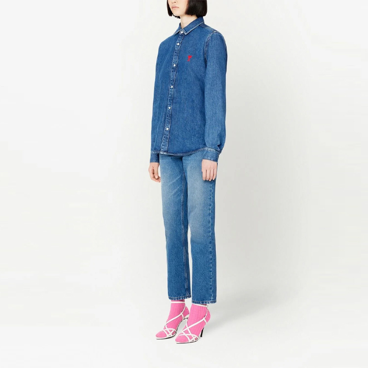 Ami Paris AMIPARIS SS23 Unisex Logo Embroidered Long Sleeve Casual Shirt Navy Blue USH114DE0012 圖 5