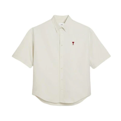 Ami Paris AMIPARIS SS24 White Cotton Short Sleeve Shirt with Heart Embroidery. HSH230CO0031-193