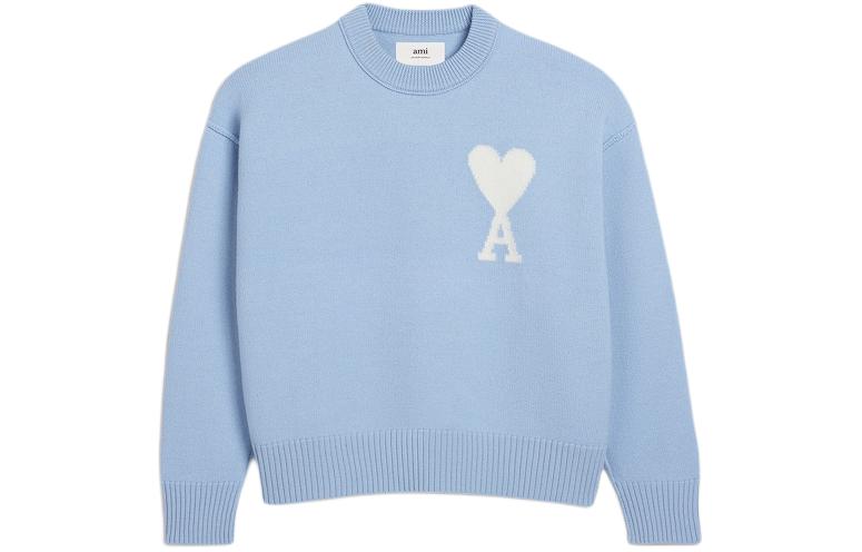 Ami Paris AMIPARIS SS24 Blue Unisex Heart Embroidered Merino Wool Knit Sweater. UKS006018-4843