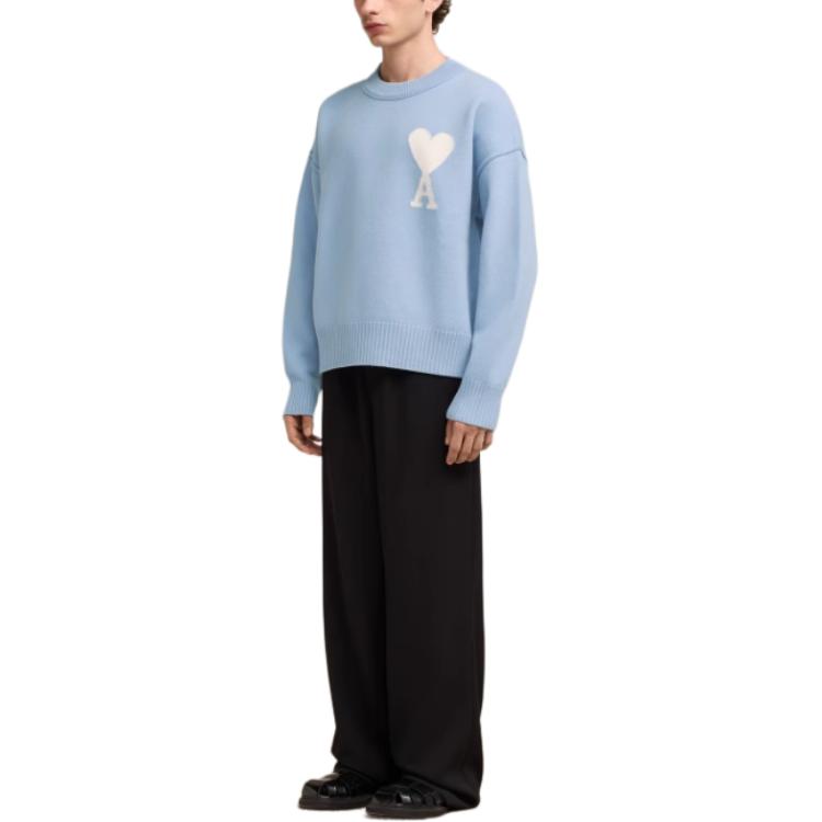 Details for Ami Paris AMIPARIS SS24 藍色刺繡愛心美麗諾羊毛針織毛衣 男女皆宜 UKS006018-4843