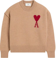 Ami Paris AMIPARIS SS24 Camel Brown Merino Wool Heart Crewneck Sweater Unisex. UKS006018-BROWN Ami Paris AMIPARIS SS24 Camel Brown Merino Wool Heart Crewneck Sweater Unisex. UKS006018-BROWN