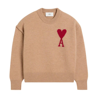 Ami Paris AMIPARIS SS24 Camel Brown Merino Wool Heart Crewneck Sweater Unisex. UKS006018-BROWN