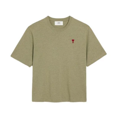 Ami Paris AMIPARIS SS24 Green Crewneck Cotton T-Shirt with Red Heart Unisex. UTS005726-366