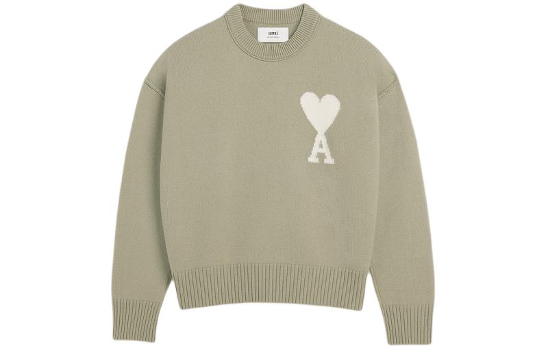 Ami Paris AMIPARIS SS24 Green Heart Embroidered Merino Wool Crewneck Unisex Sweater UKS006018-319