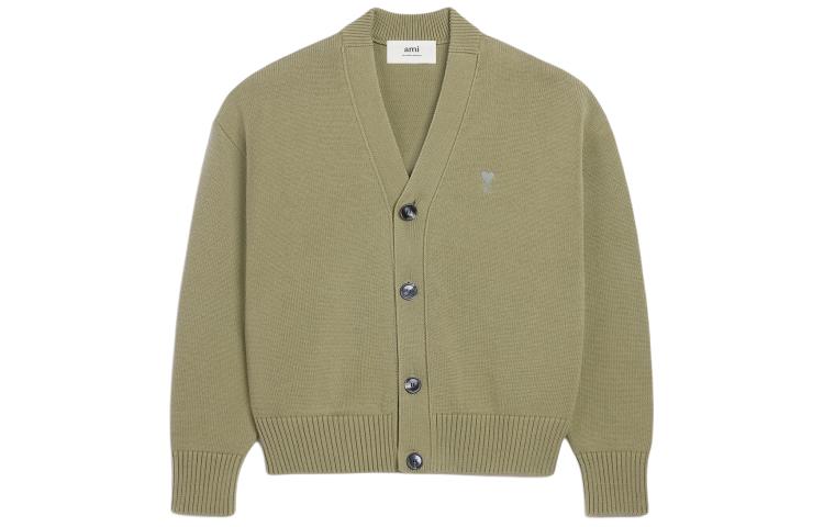 Ami Paris AMIPARIS SS24 Heart Series Unisex Olive Green Knit Cardigan Sweater. UKC028016