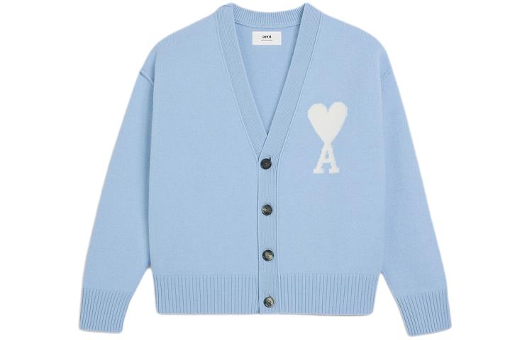 Ami Paris AMIPARIS SS24 Merino Wool Cardigan Heart Design Unisex Knit Sweater Sky Blue UKC006018-4843