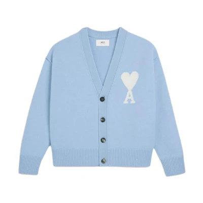 Ami Paris AMIPARIS SS24 Merino Wool Cardigan Heart Design Unisex Knit Sweater Sky Blue UKC006018-4843