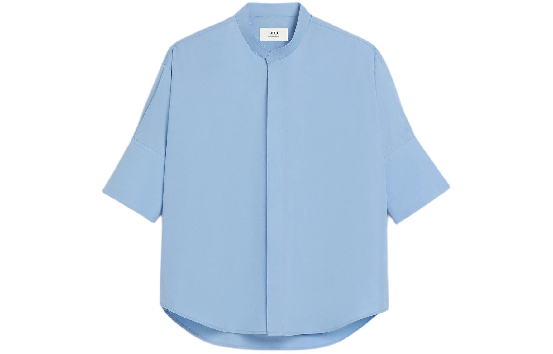 Ami Paris AMIPARIS SS24 Oversized Solid Color 3/4 Sleeve Shirt Unisex Blue. USH218CO0063-484