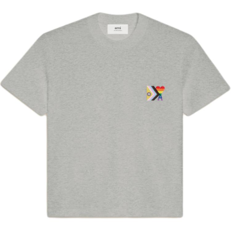 Ami Paris AMIPARIS SS24 Rainbow Heart Unisex Oversized Grey T-Shirt. SPUTS019724-0951