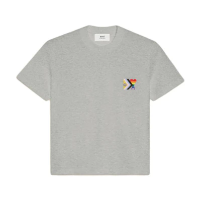 Ami Paris AMIPARIS SS24 Rainbow Heart Unisex Oversized Grey T-Shirt. SPUTS019724-0951