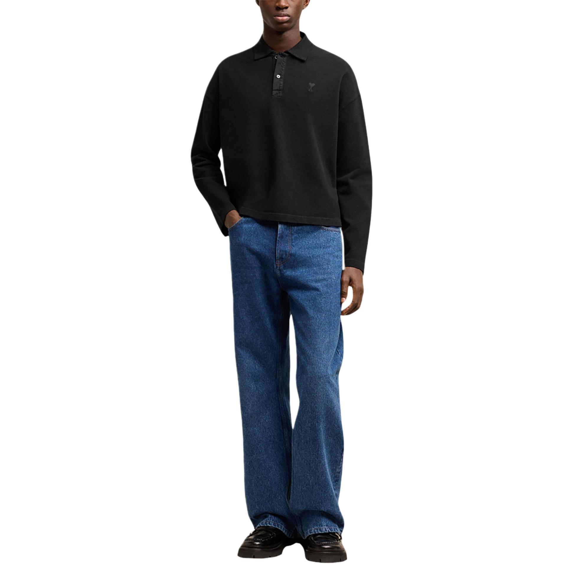 Shop Ami Paris AMIPARIS SS24 Unisex Baju Polo Lengan Panjang Hitam Butang UPL340JE0092-BLACK