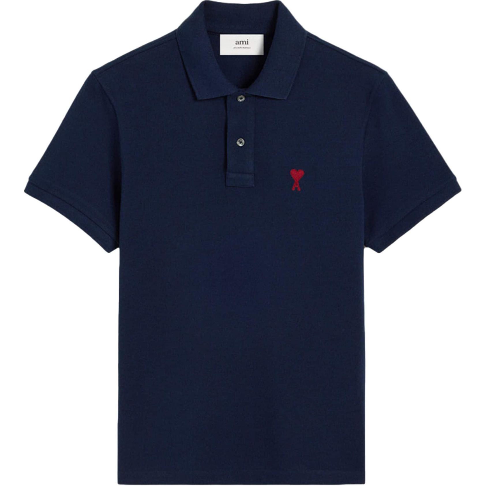 Order Ami Paris Unisex Navy Polo Shirt Lengan Pendek SS24 dengan Butang Selesa. BFUPL001760-BLUE