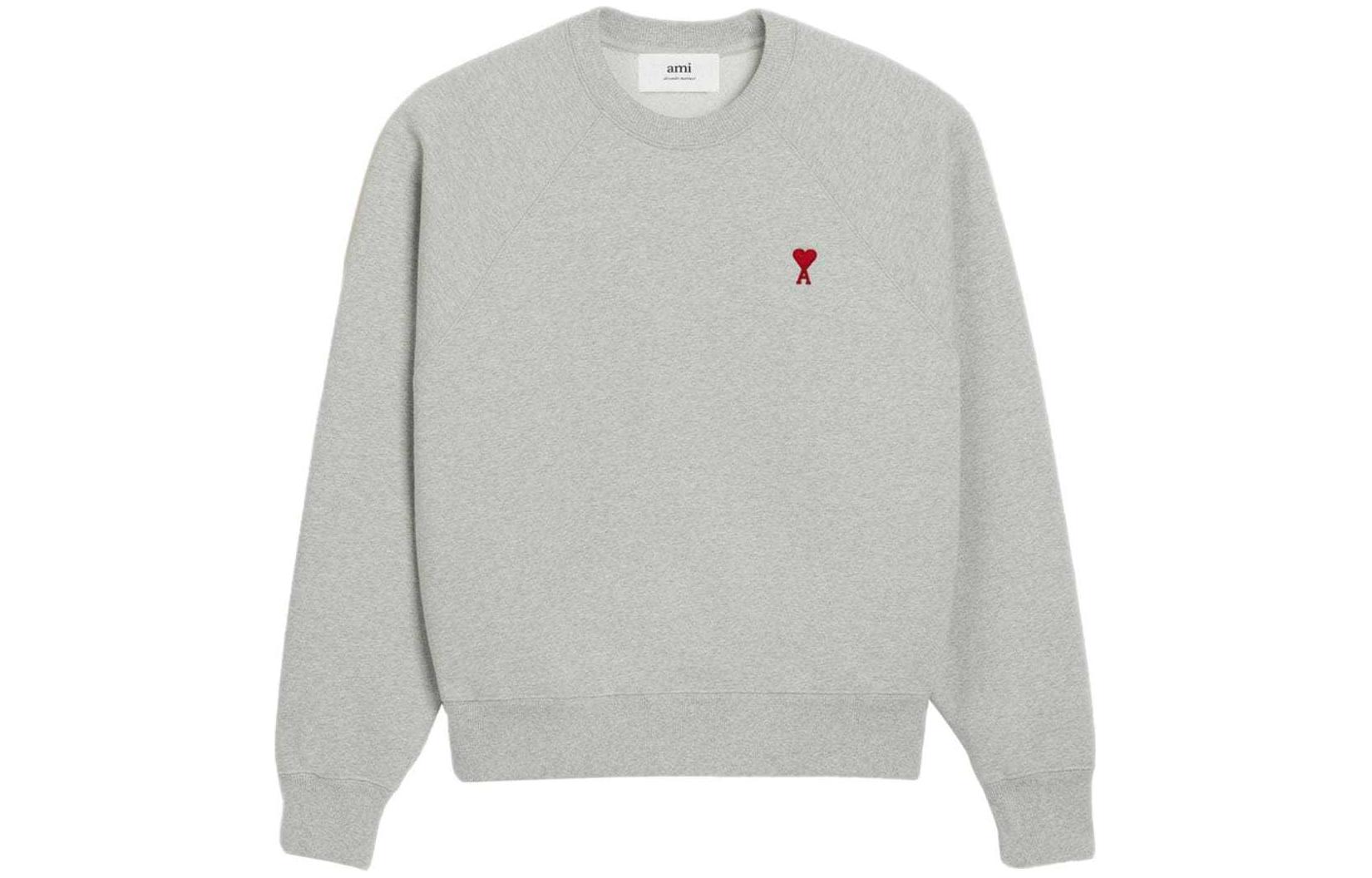 Ami Paris AMIPARIS SS24 Unisex Heart Embroidered Cotton Sweatshirt Light Grey Relaxed Fit. E24BFUSW005747-0951