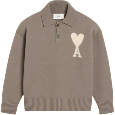 Ami Paris AMIPARIS SS25 Heart Pattern Wool Knit Polo Sweater Unisex Light Gray. UPL390KN0090-0957 Order Ami Paris AMIPARIS SS25 Heart Pattern Wool Knit Polo Sweater Unisex Light Gray. UPL390KN0090-0957