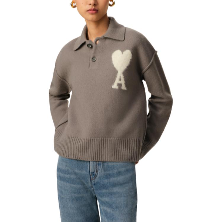 Ami Paris AMIPARIS SS25 Heart Pattern Wool Knit Polo Sweater Unisex Light Gray. UPL390KN0090-0957 圖 3