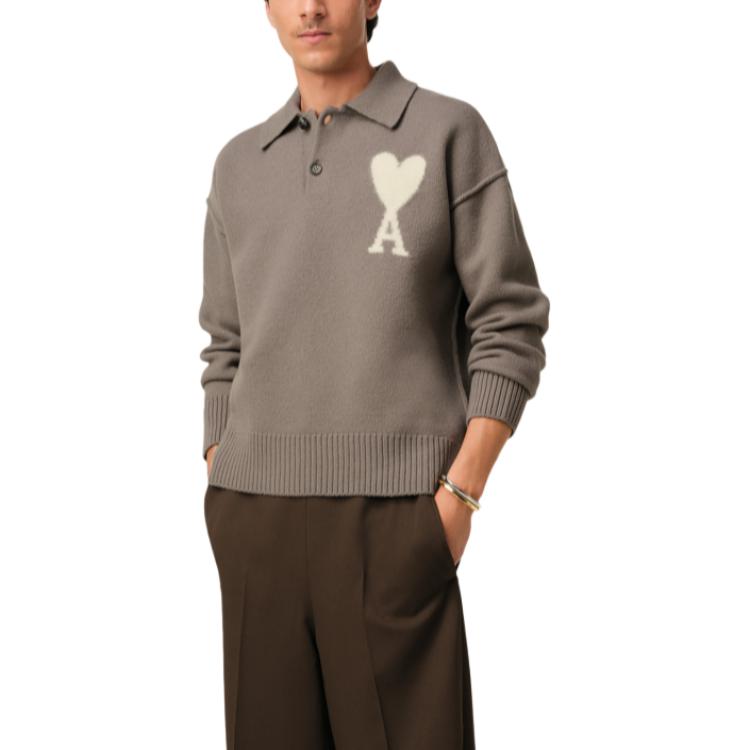 Ami Paris AMIPARIS SS25 Heart Pattern Wool Knit Polo Sweater Unisex Light Gray. UPL390KN0090-0957 圖 4