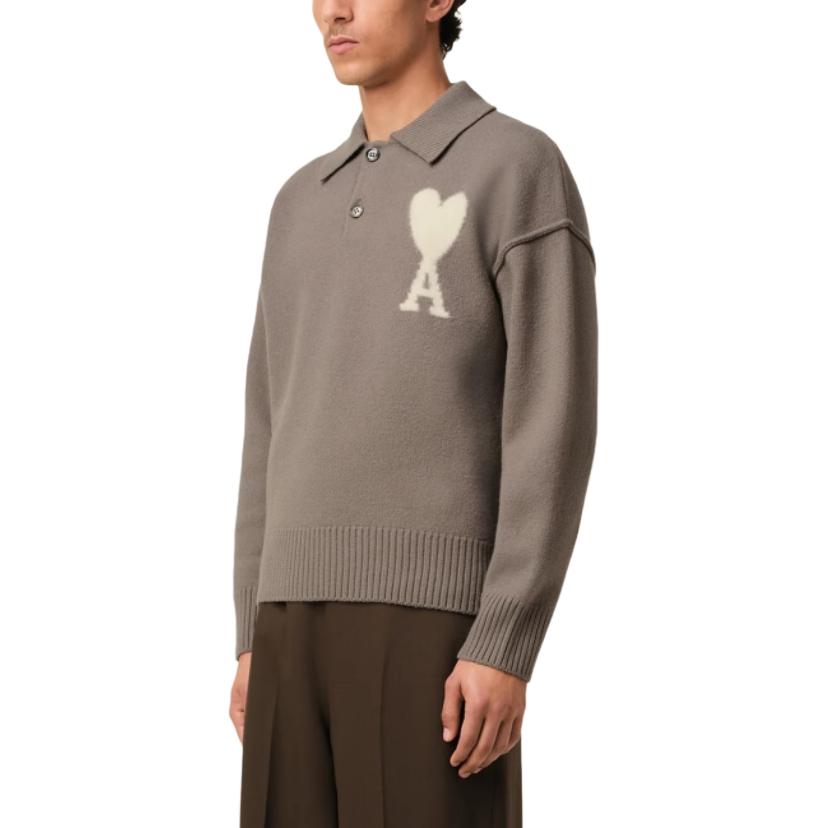 Ami Paris AMIPARIS SS25 Heart Pattern Wool Knit Polo Sweater Unisex Light Gray. UPL390KN0090-0957 圖 7