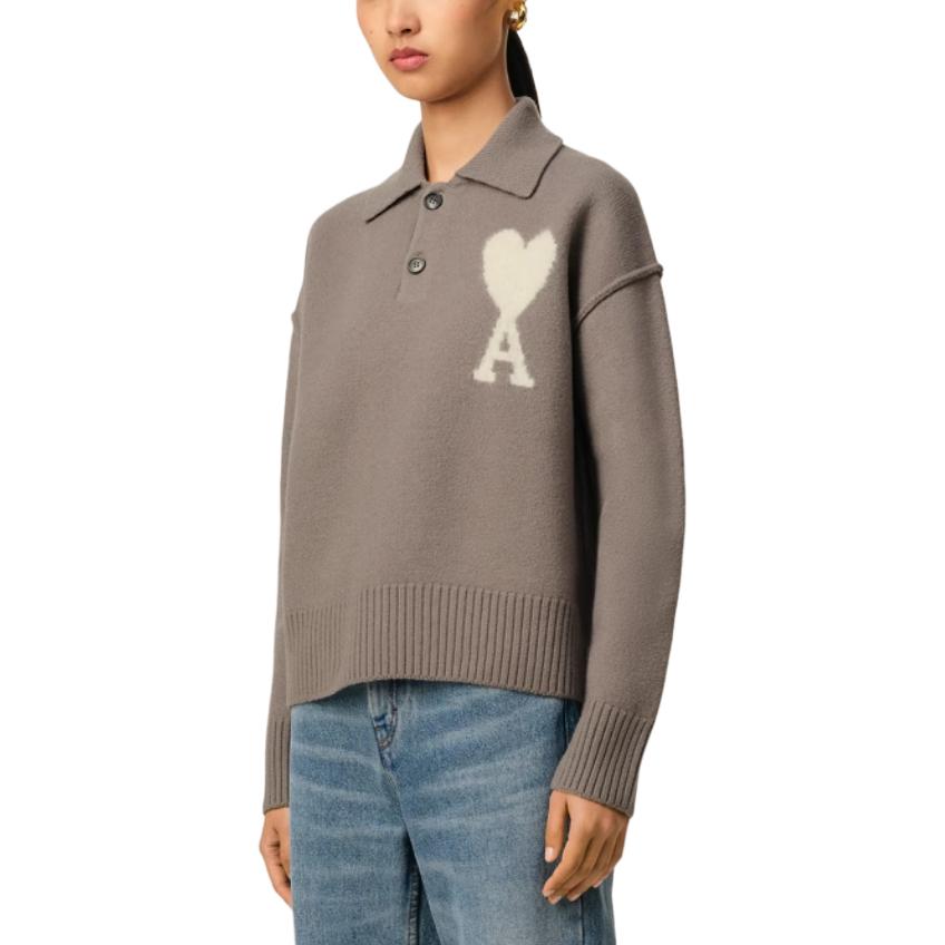 Ami Paris AMIPARIS SS25 Heart Pattern Wool Knit Polo Sweater Unisex Light Gray. UPL390KN0090-0957 圖 8