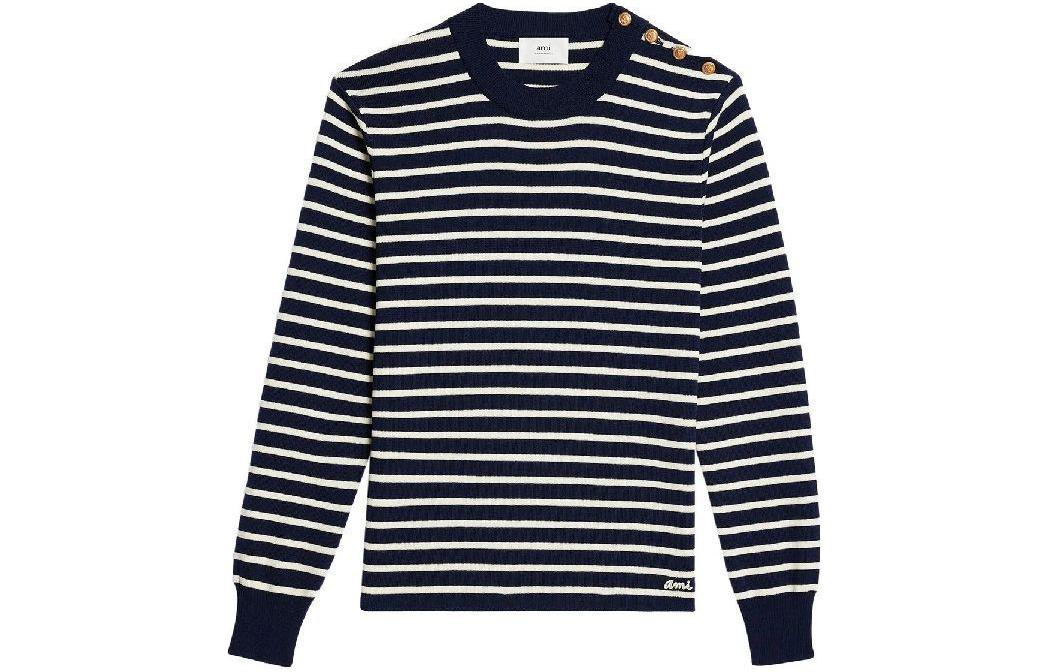 Ami Paris AMIPARIS Striped Button Shoulder Crewneck Long Sleeve Sweater Navy Blue Mens. HKS102KN0003-492