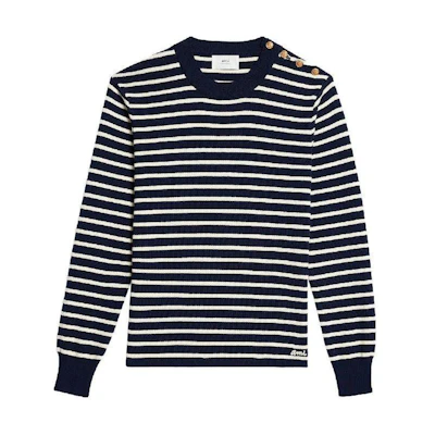 Ami Paris AMIPARIS Striped Button Shoulder Crewneck Long Sleeve Sweater Navy Blue Mens. HKS102KN0003-492