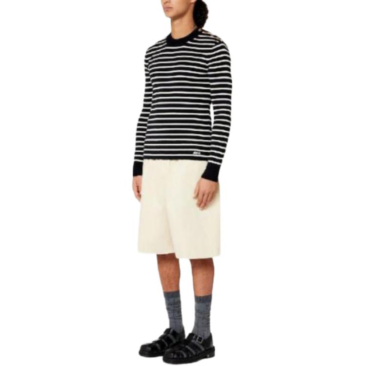 Ami Paris AMIPARIS Striped Button Shoulder Crewneck Long Sleeve Sweater Navy Blue Mens. HKS102KN0003-492 圖 3