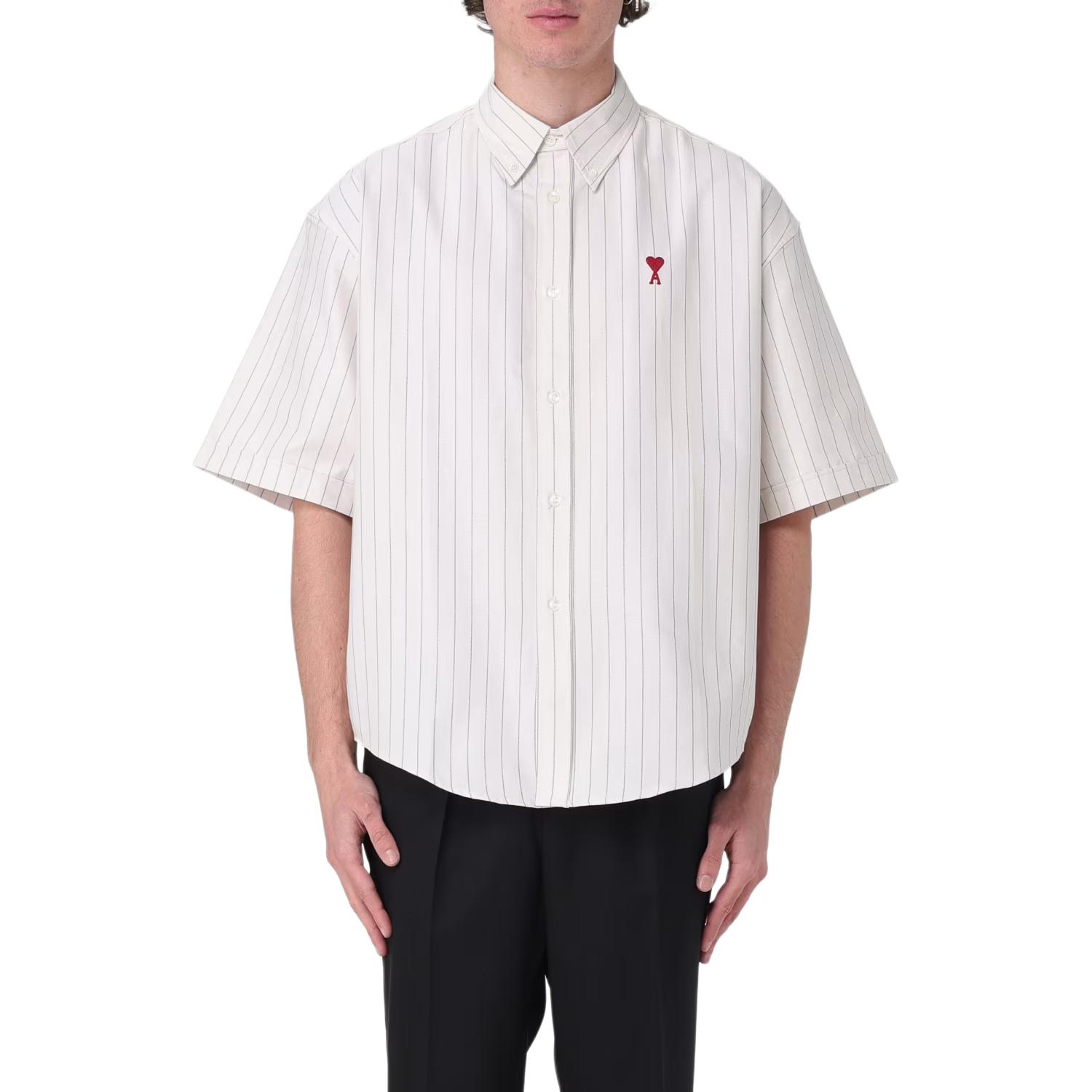 Ami Paris AMIPARIS Striped Embroidered Short Sleeve Button-Up Shirt Unisex White. HSH230CO0067-194