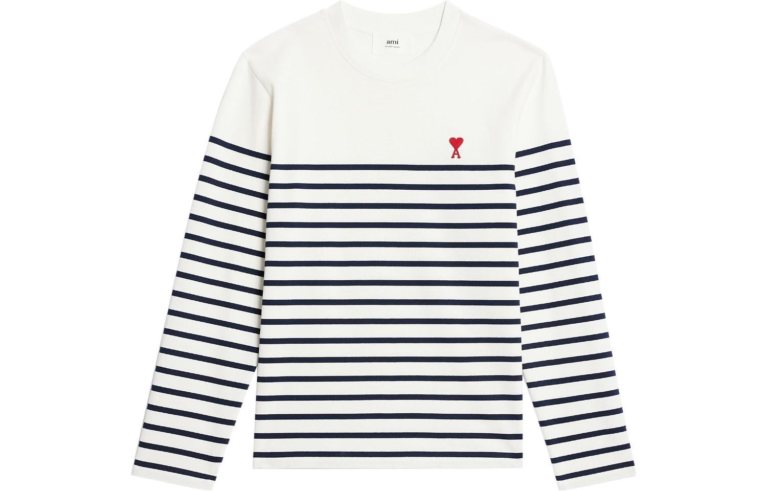 Ami Paris AMIPARIS Striped Heart Logo Crewneck Long Sleeve Blue White Unisex T-Shirt UTS300072-170