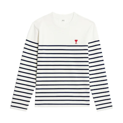 Ami Paris AMIPARIS Striped Heart Logo Crewneck Long Sleeve Blue White Unisex T-Shirt UTS300072-170