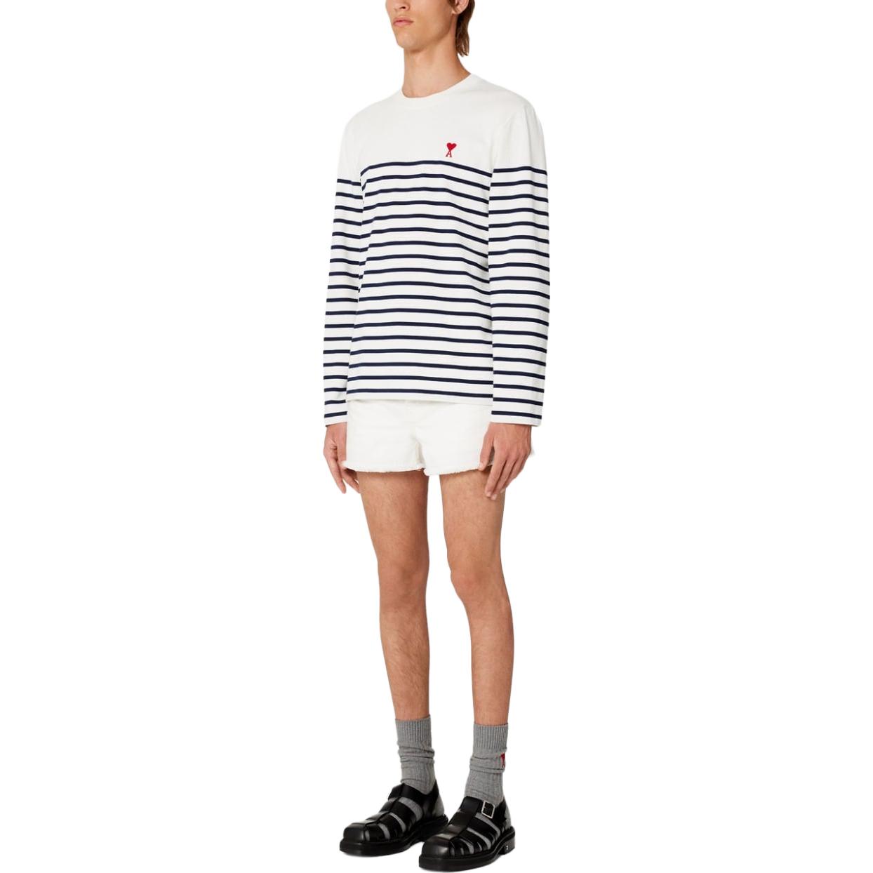 Lookbook Ami Paris 愛心條紋Logo藍白長袖圓領Unisex T恤 UTS300072-170