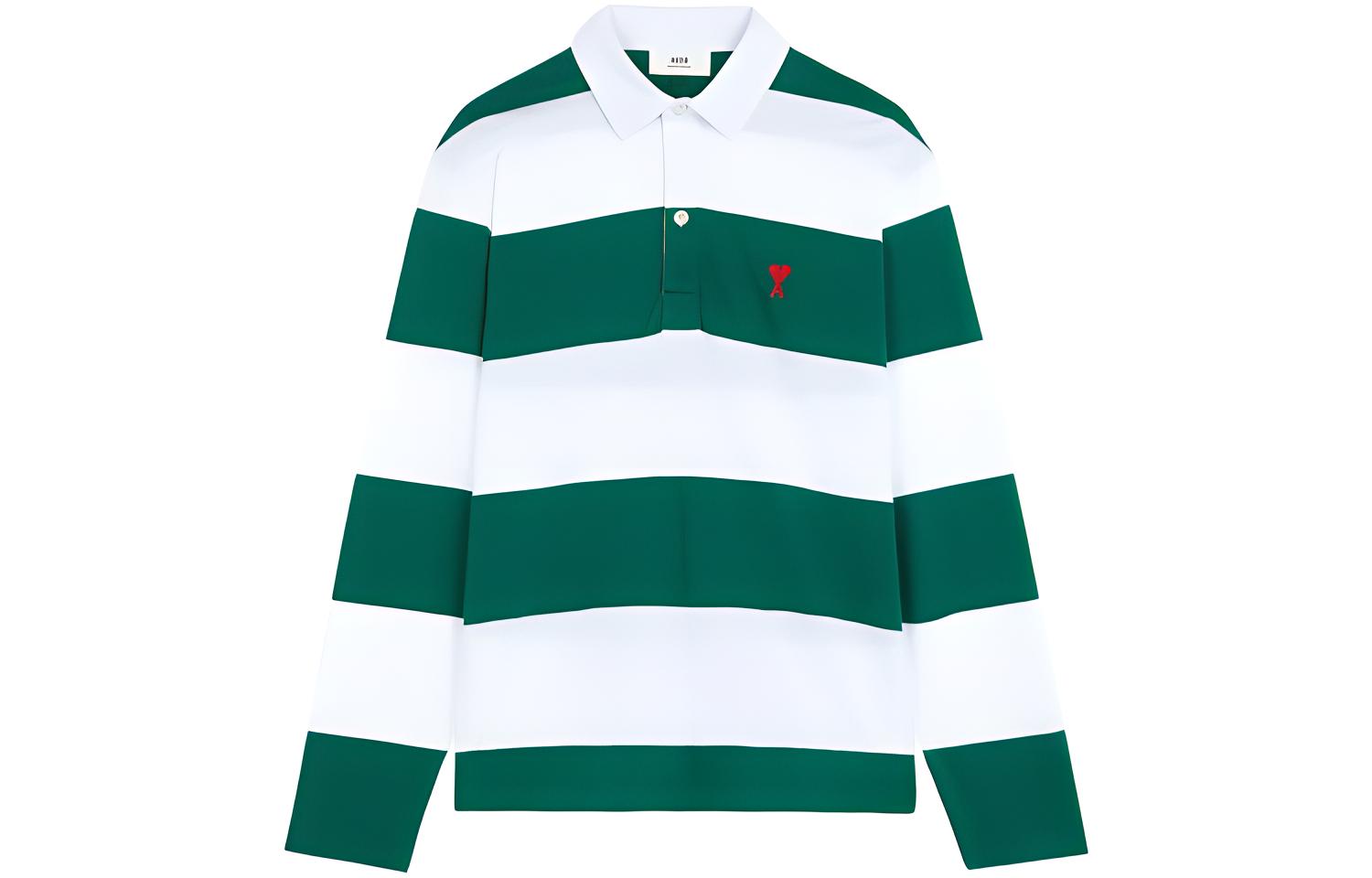 Ami Paris AMIPARIS Striped Long Sleeve Polo Shirt Cotton Knit White Green  Fall A21HJ21175-301